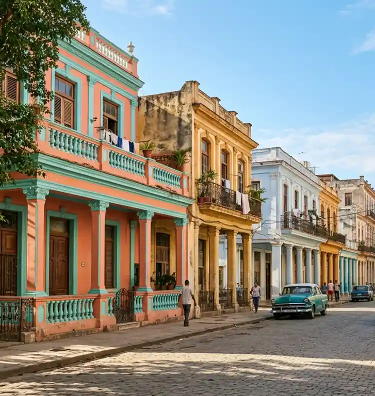 Calle residencial de La Habana con casas coloniales de colores y portales con columnas